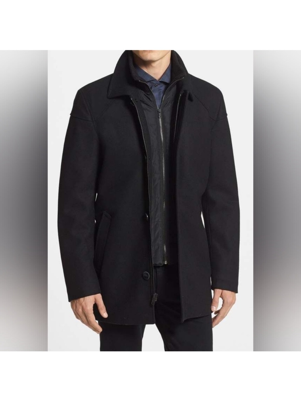 VINCE Camuto Men's Black Coat with Zip-Front Quilted removable inner vest